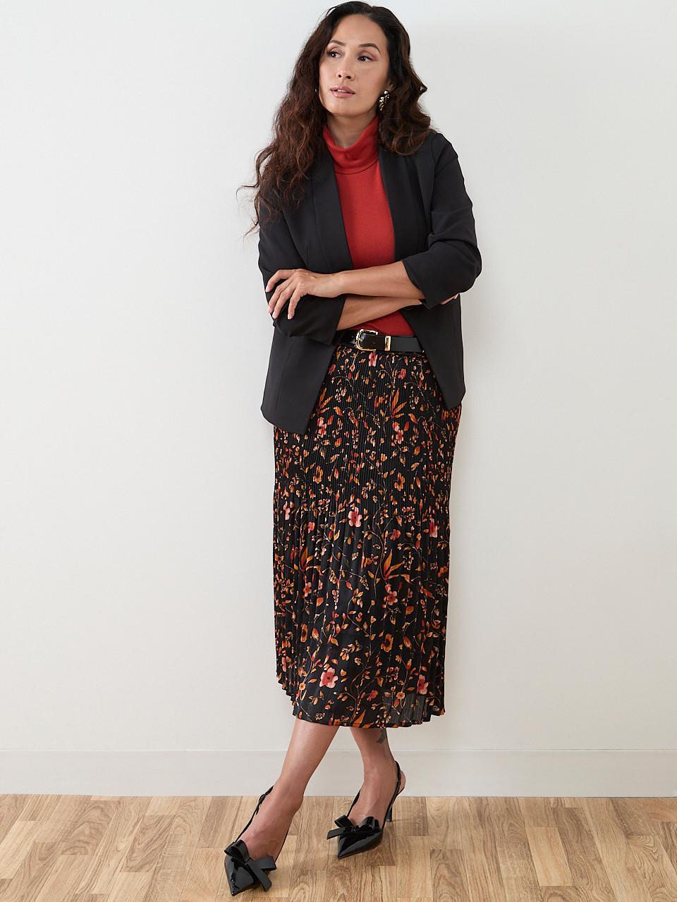 Petite Satin Double Pleated Midi Skirt in Floral Print