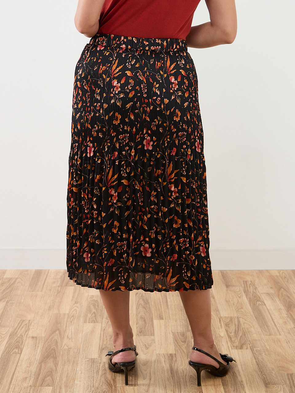 Petite Satin Double Pleated Midi Skirt in Floral Print
