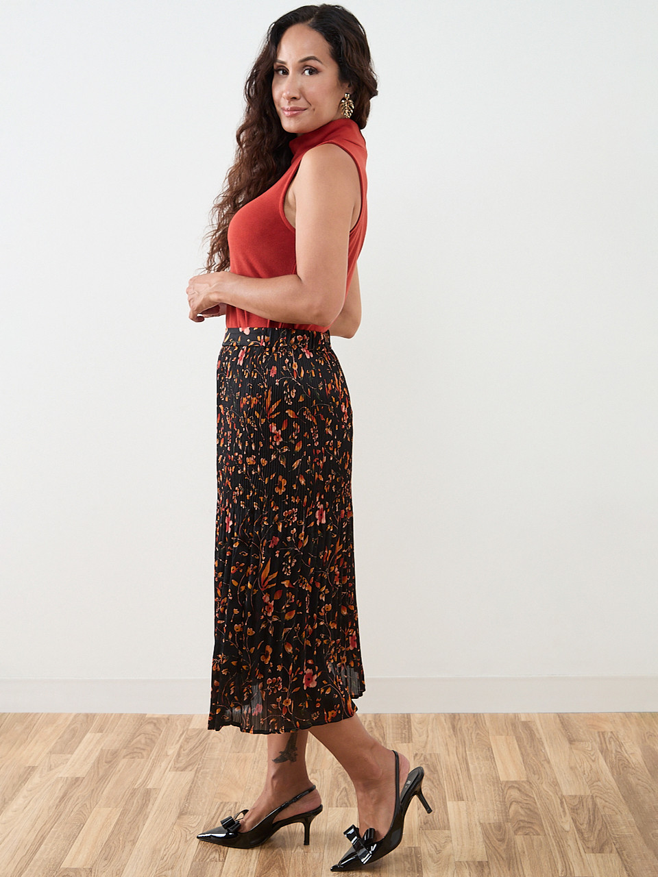 Petite Satin Double Pleated Midi Skirt in Floral Print