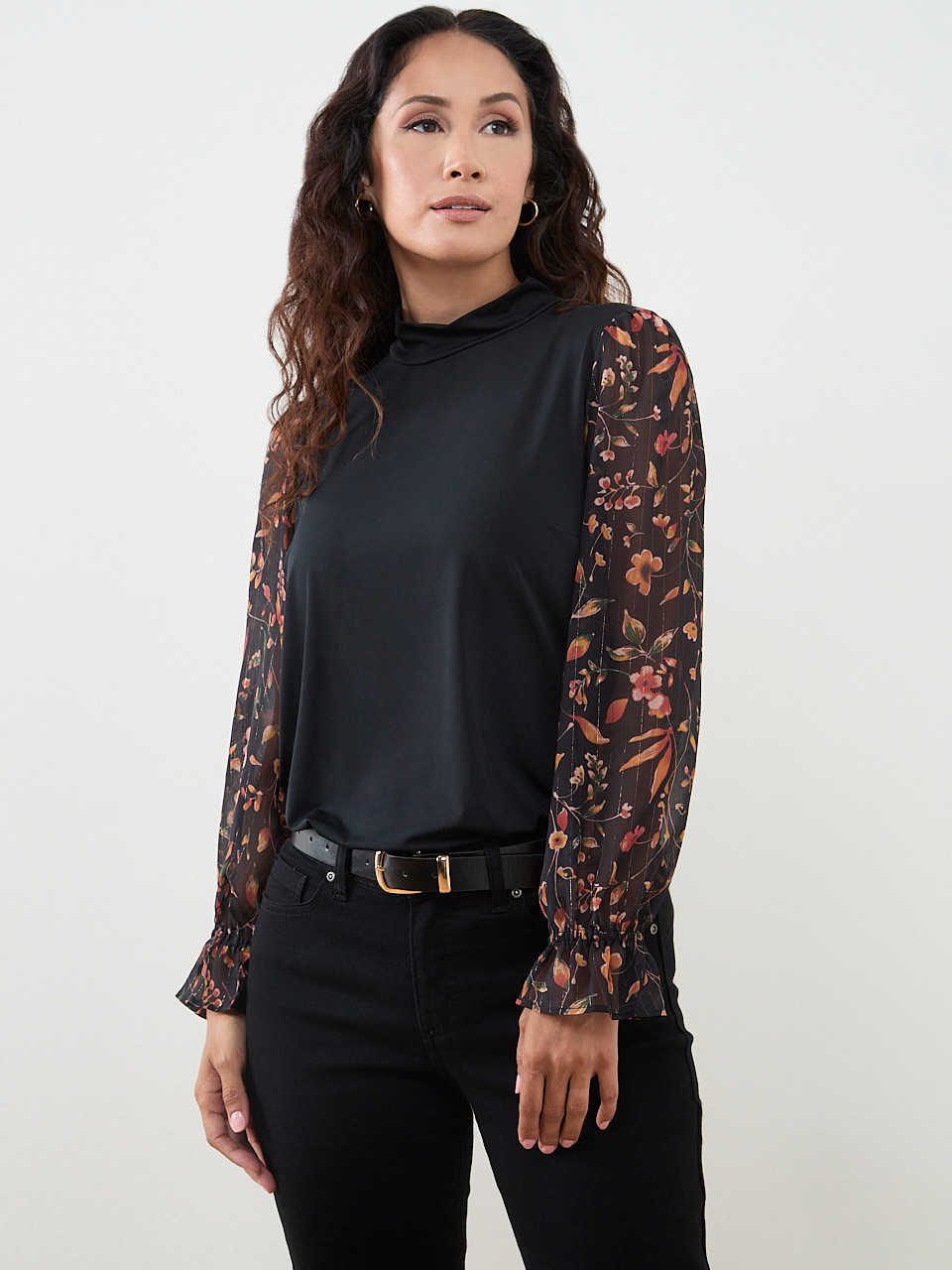 Petite Mock Neck Mixed Media Top