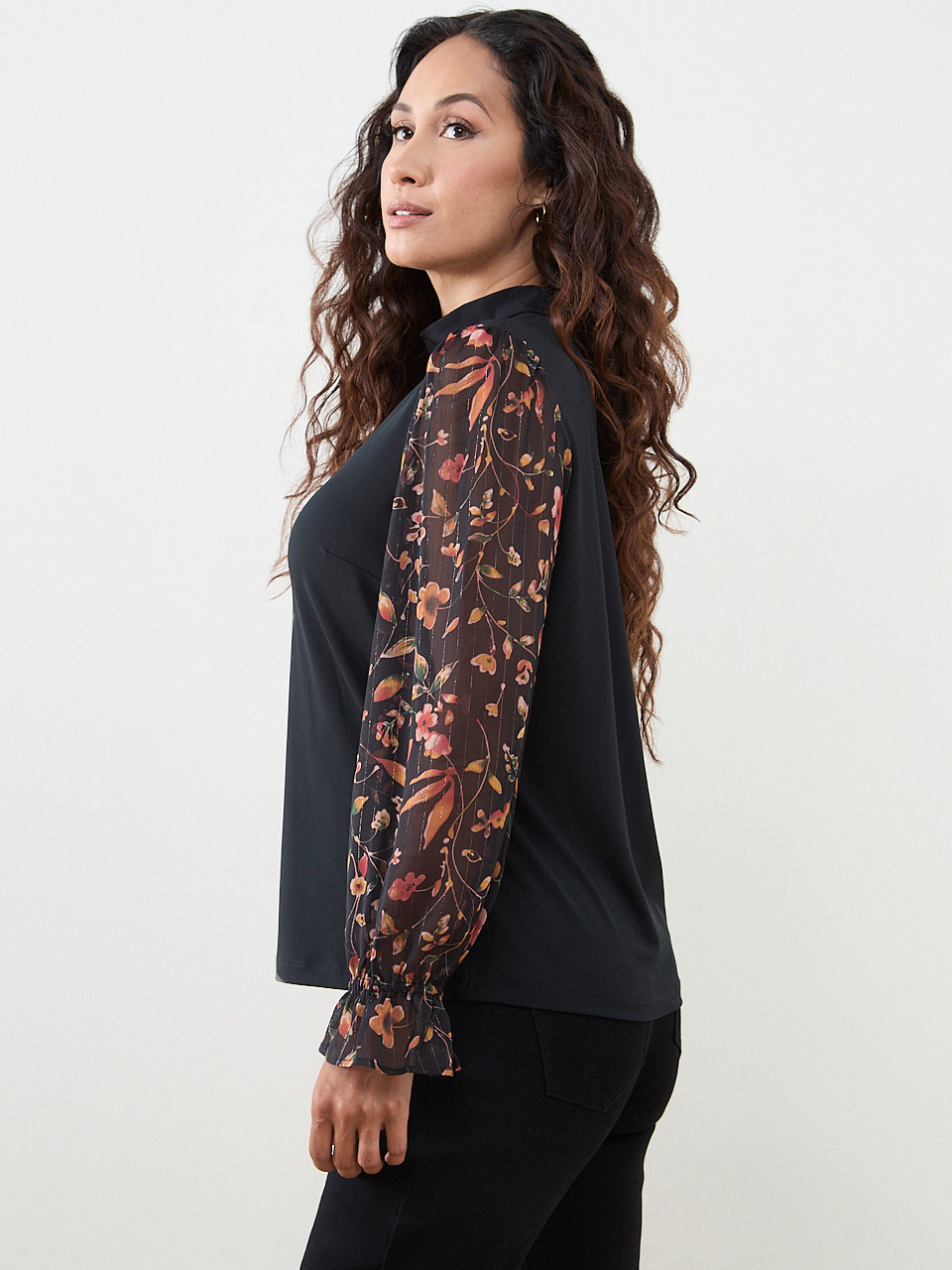 Petite Mock Neck Mixed Media Top