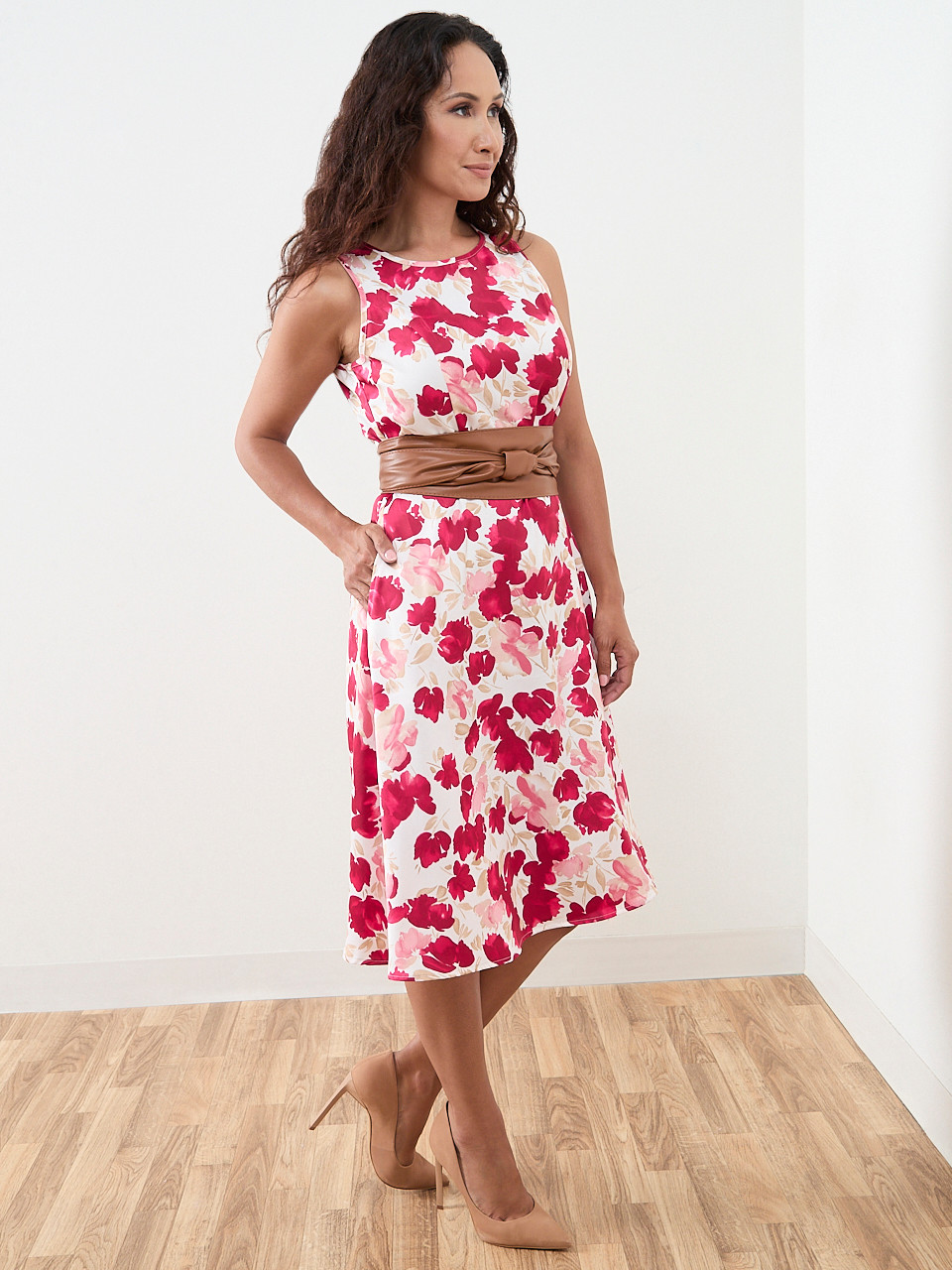 Petite Midi-Length Belted Fit & Flare Dress