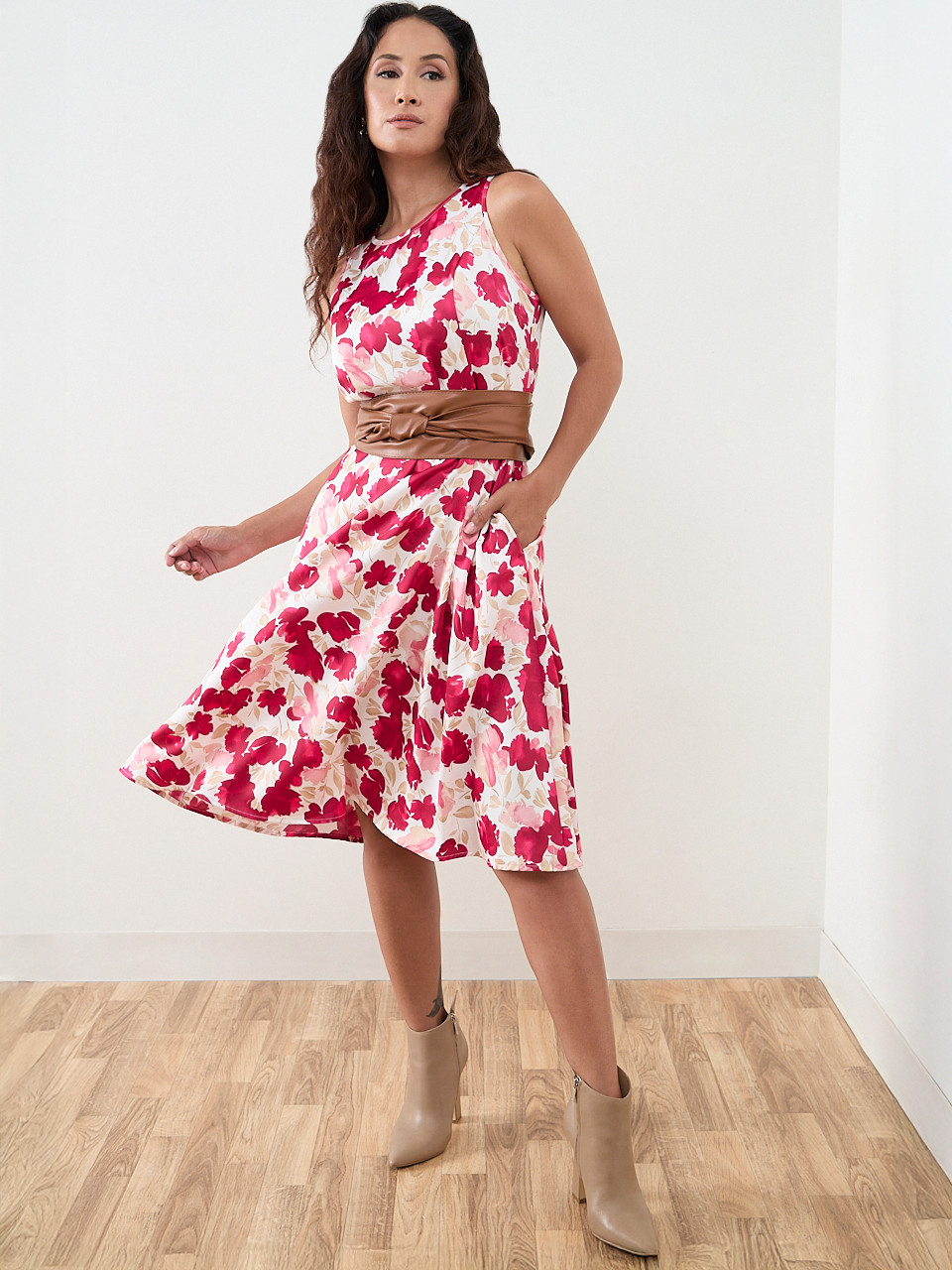 Petite Midi-Length Belted Fit & Flare Dress