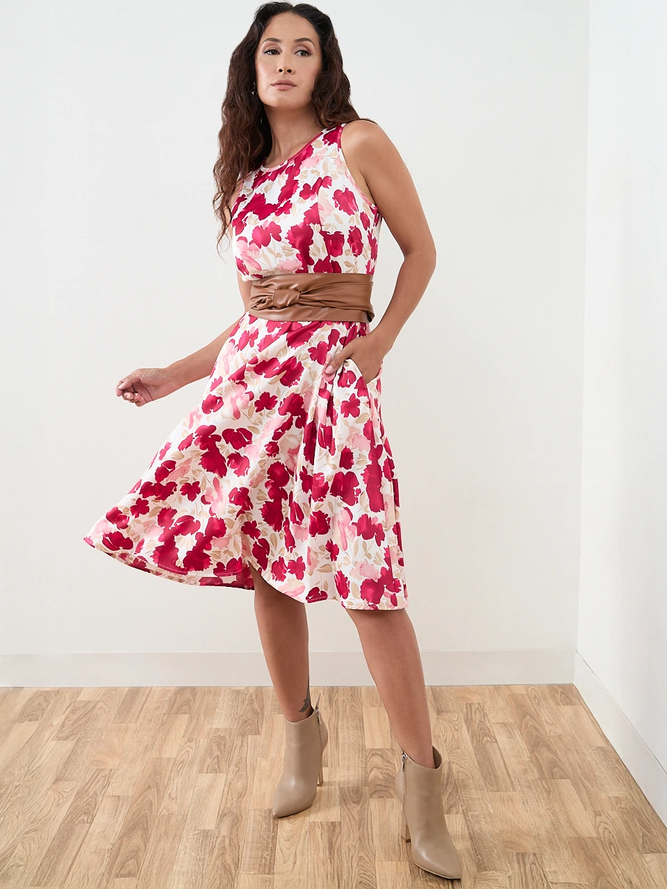 Petite Midi-Length Belted Fit & Flare Dress