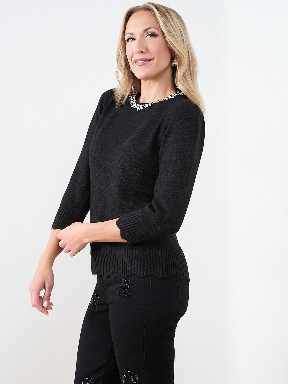 3/4 Sleeve Jeweled Pullover