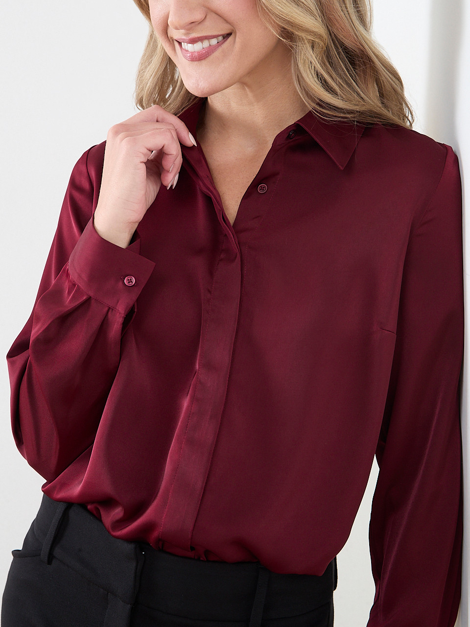 Long Sleeve Collared Satin Blouse
