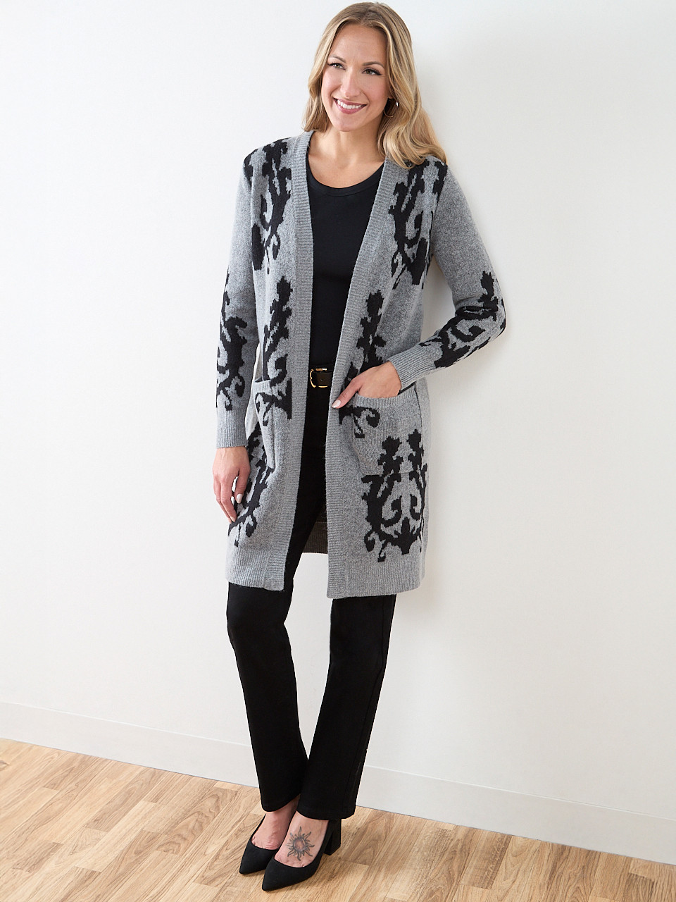 Patterned Open-Front Cardigan
