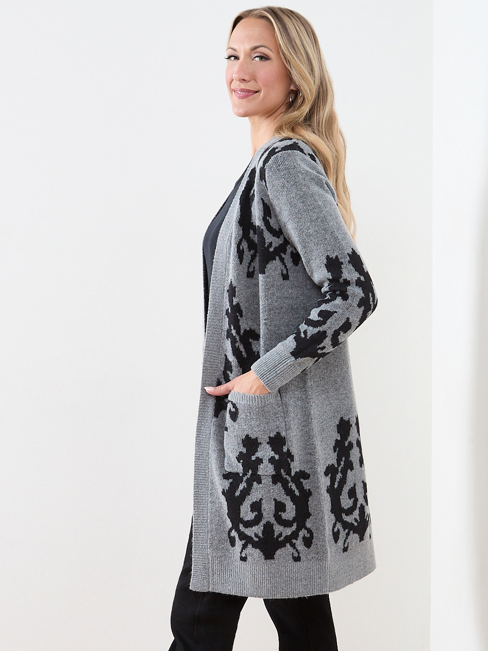Patterned Open-Front Cardigan