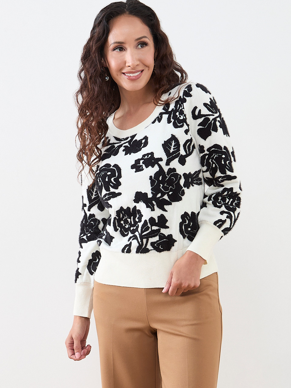 Petite Floral Crew-Neck Pullover Sweater