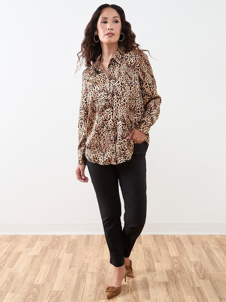 Petite Long Sleeve Collared Satin Blouse