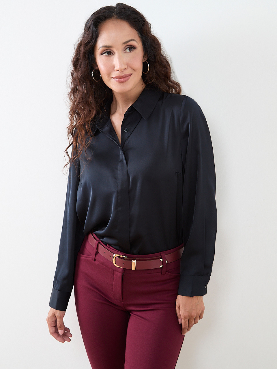 Petite Long-Sleeve Collared Satin Blouse