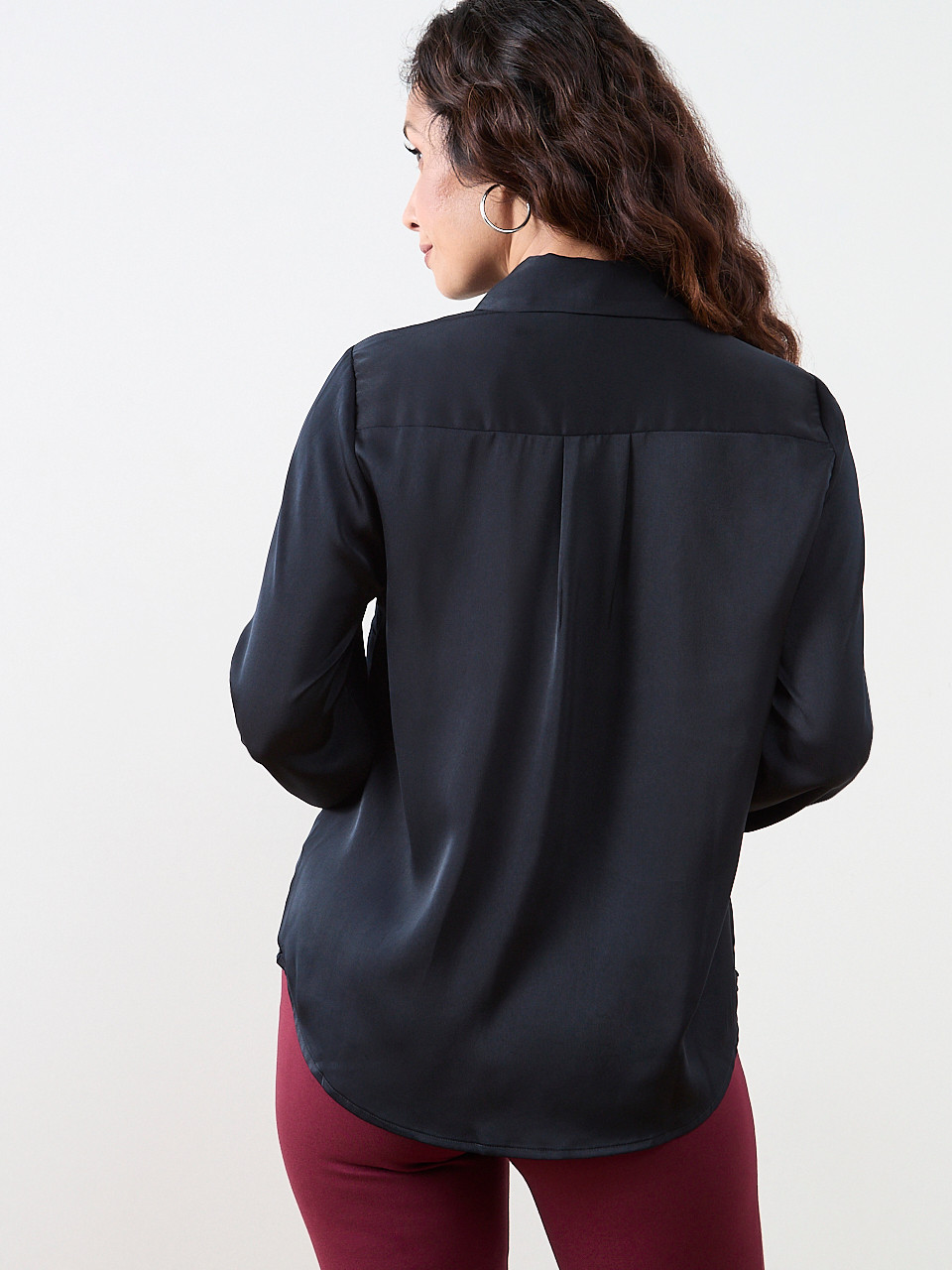 Petite Long-Sleeve Collared Satin Blouse