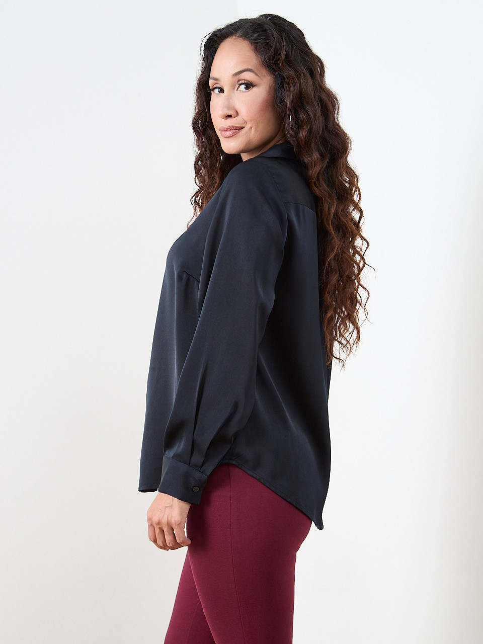 Petite Long-Sleeve Collared Satin Blouse