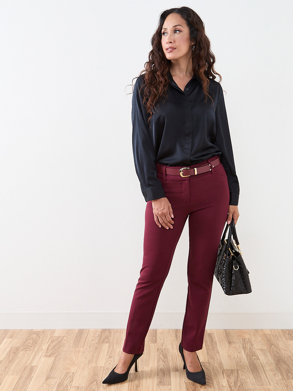 Petite Long-Sleeve Collared Satin Blouse