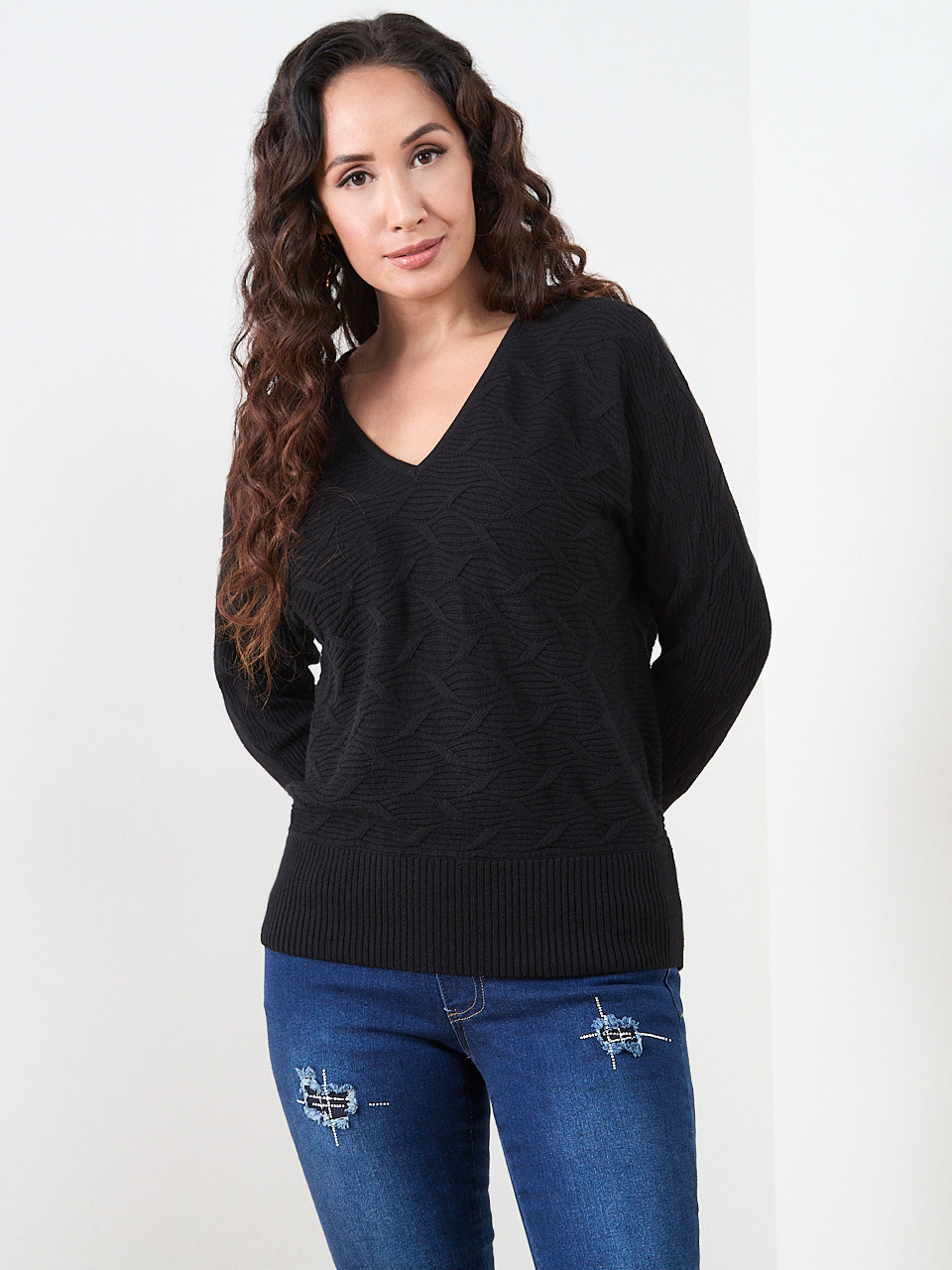 Petite Novelty Stitch V-Neck Sweater