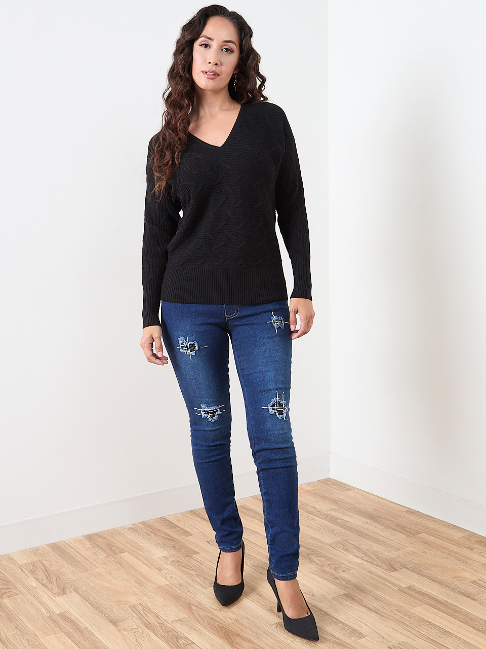 Petite Novelty Stitch V-Neck Sweater