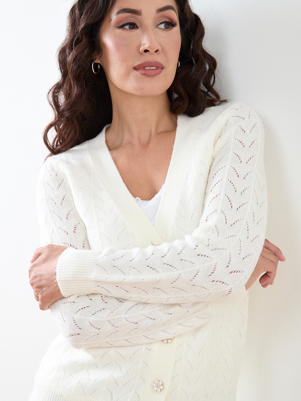 Petite Pointelle-Knit Flower-Button Cardigan