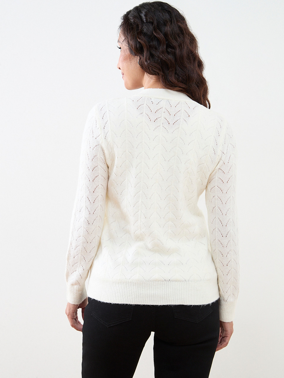 Petite Pointelle-Knit Flower-Button Cardigan