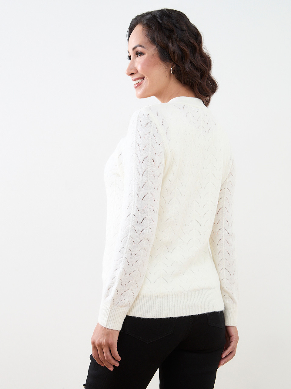 Petite Pointelle-Knit Flower-Button Cardigan