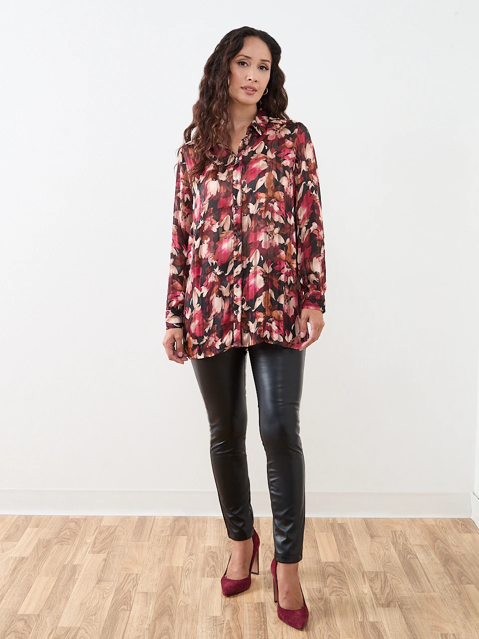 Petite Satin Stripe Cherry Floral Blouse