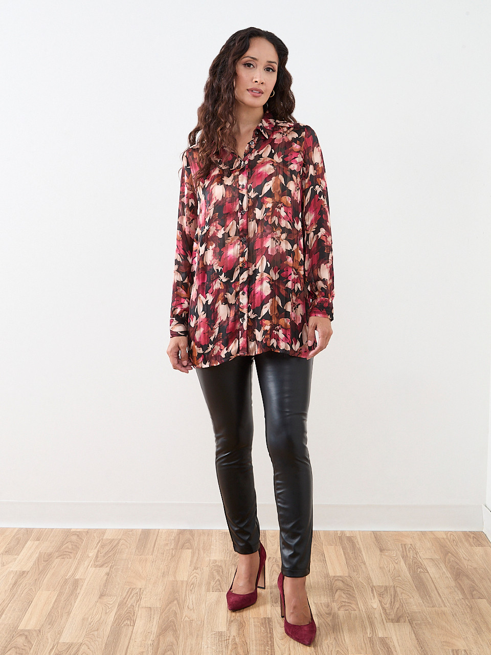 Petite Satin Stripe Cherry Floral Blouse