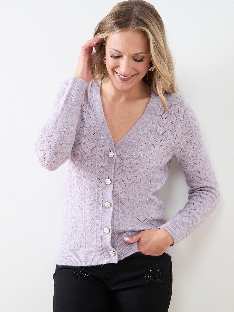 Pointelle Knit Flower-Button Cardigan