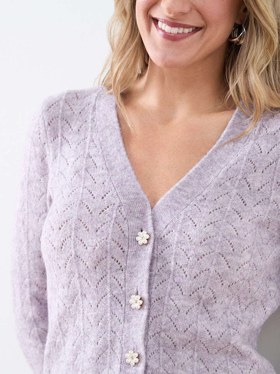 Pointelle Knit Flower-Button Cardigan