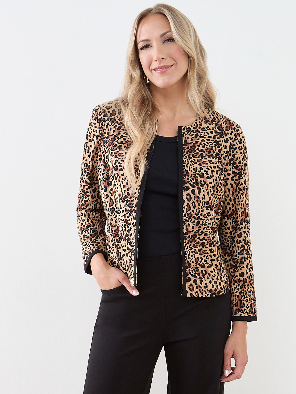 Ponte Leopard Print Open Blazer