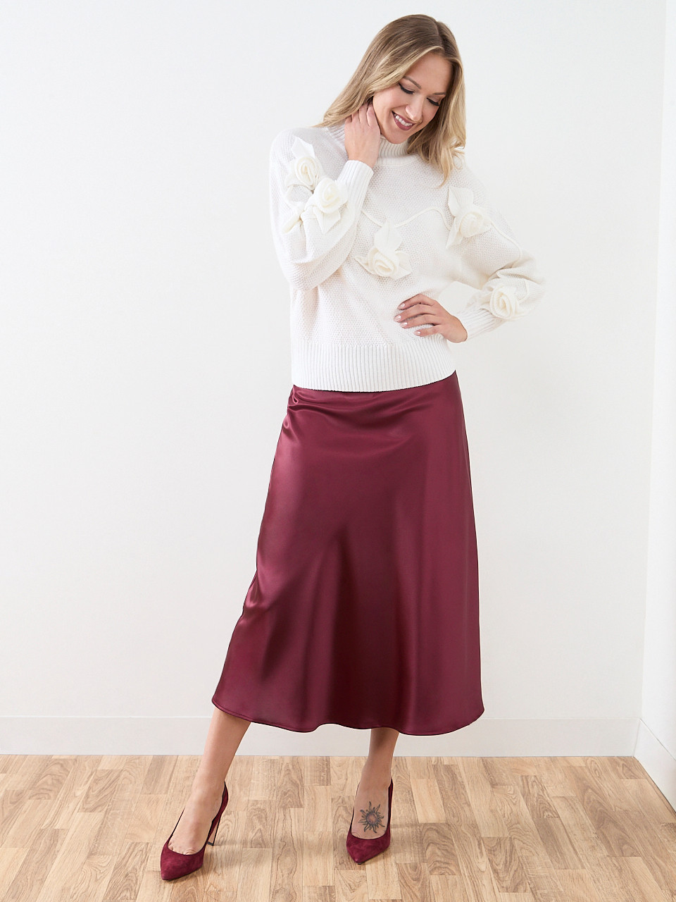Rose Appliqué Mock Neck Sweater