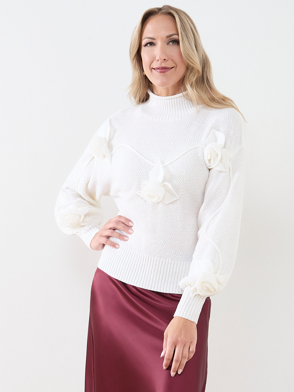 Rose Appliqué Mock Neck Sweater