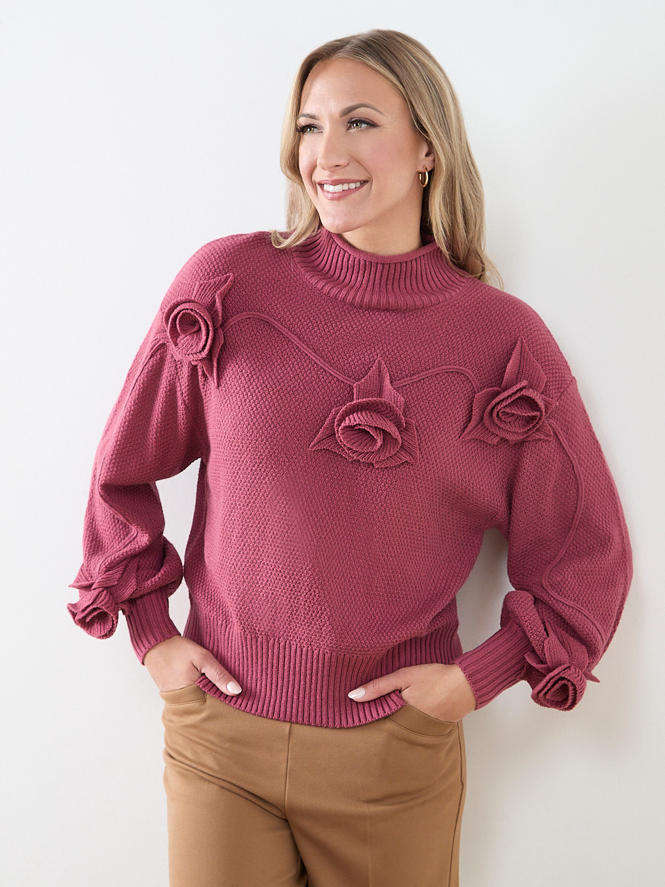 Rose Appliqué Mockneck Sweater