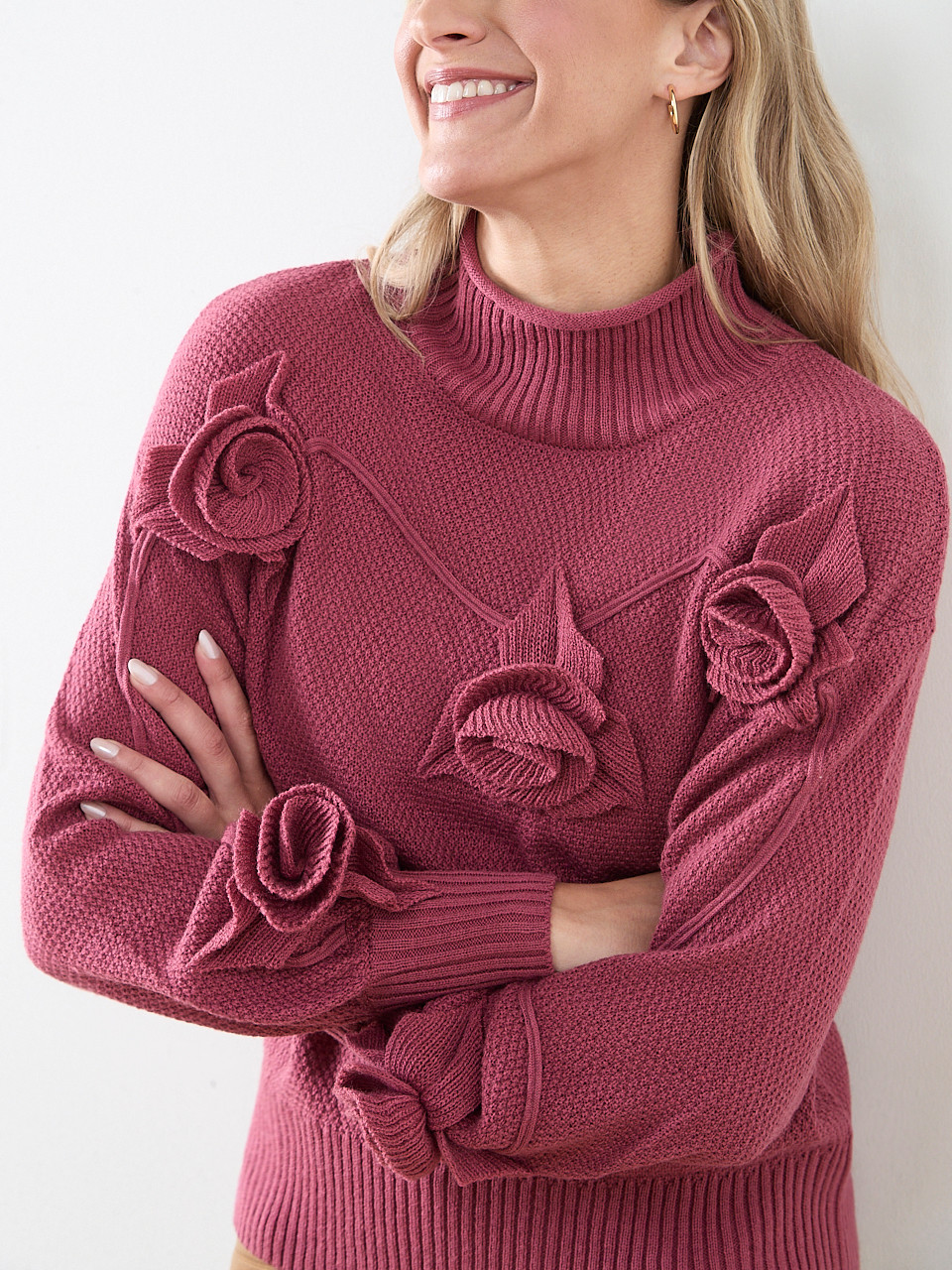 Rose Appliqué Mockneck Sweater