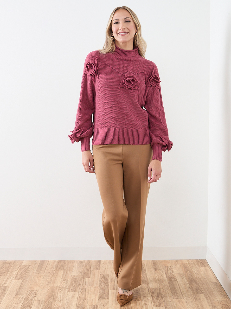 Rose Appliqué Mockneck Sweater