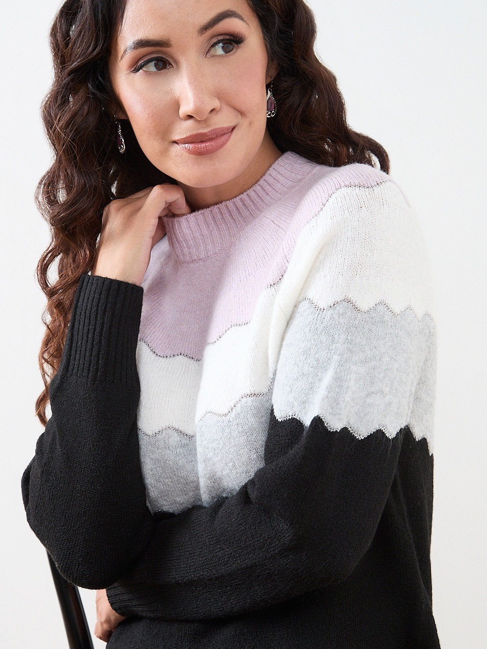 Scalloped Stripe Mock Neck Pullover