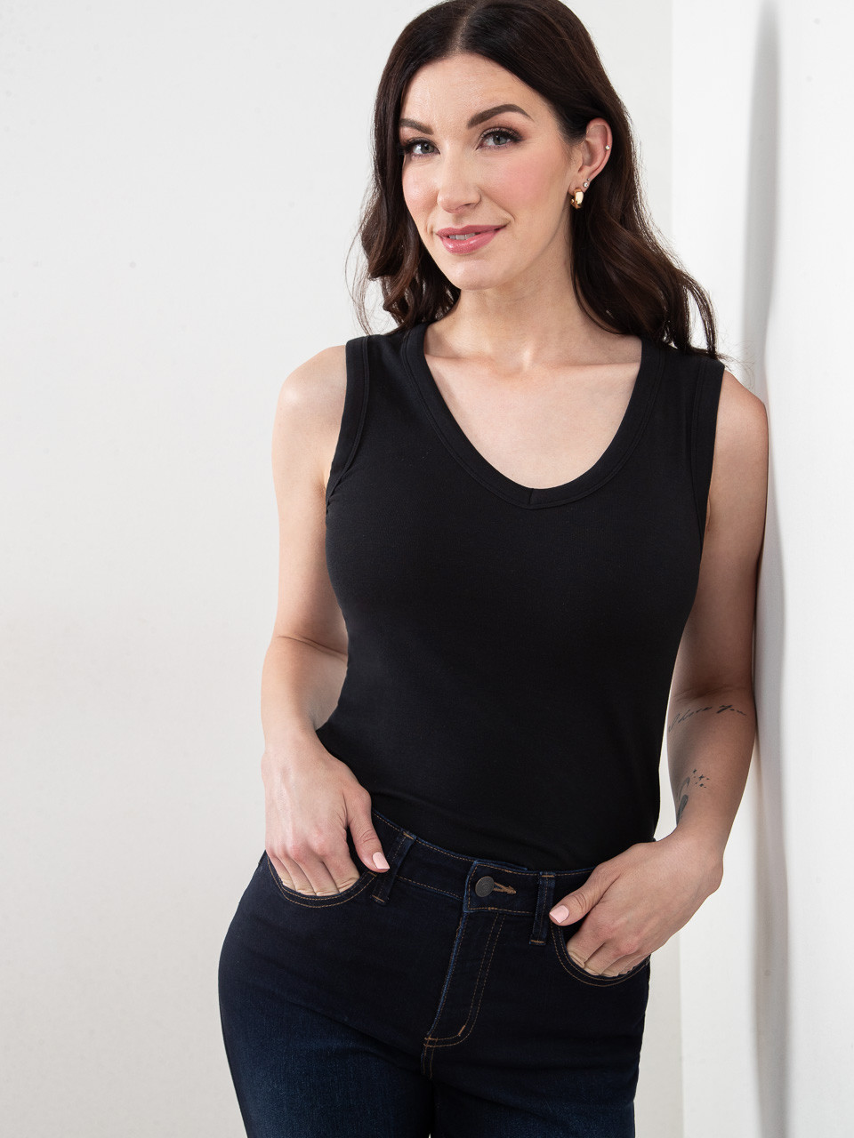 Stretch Cotton Black V-Neck Tank