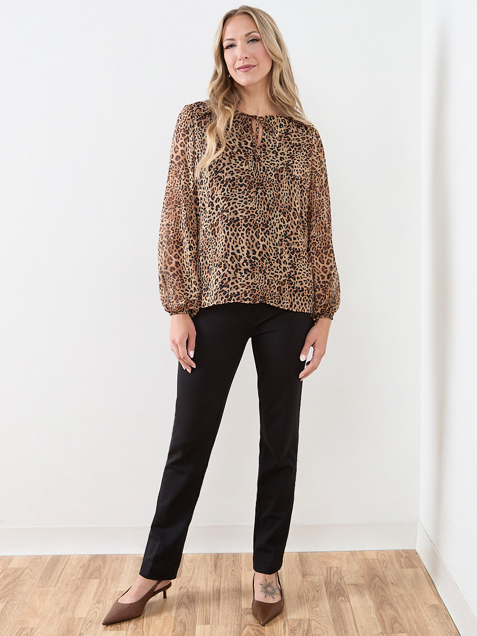 Tie Front Ruffle-Trim-Shoulder Blouse