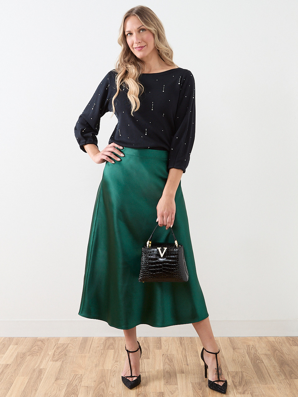 Emerald Satin Bias Cut Skirt