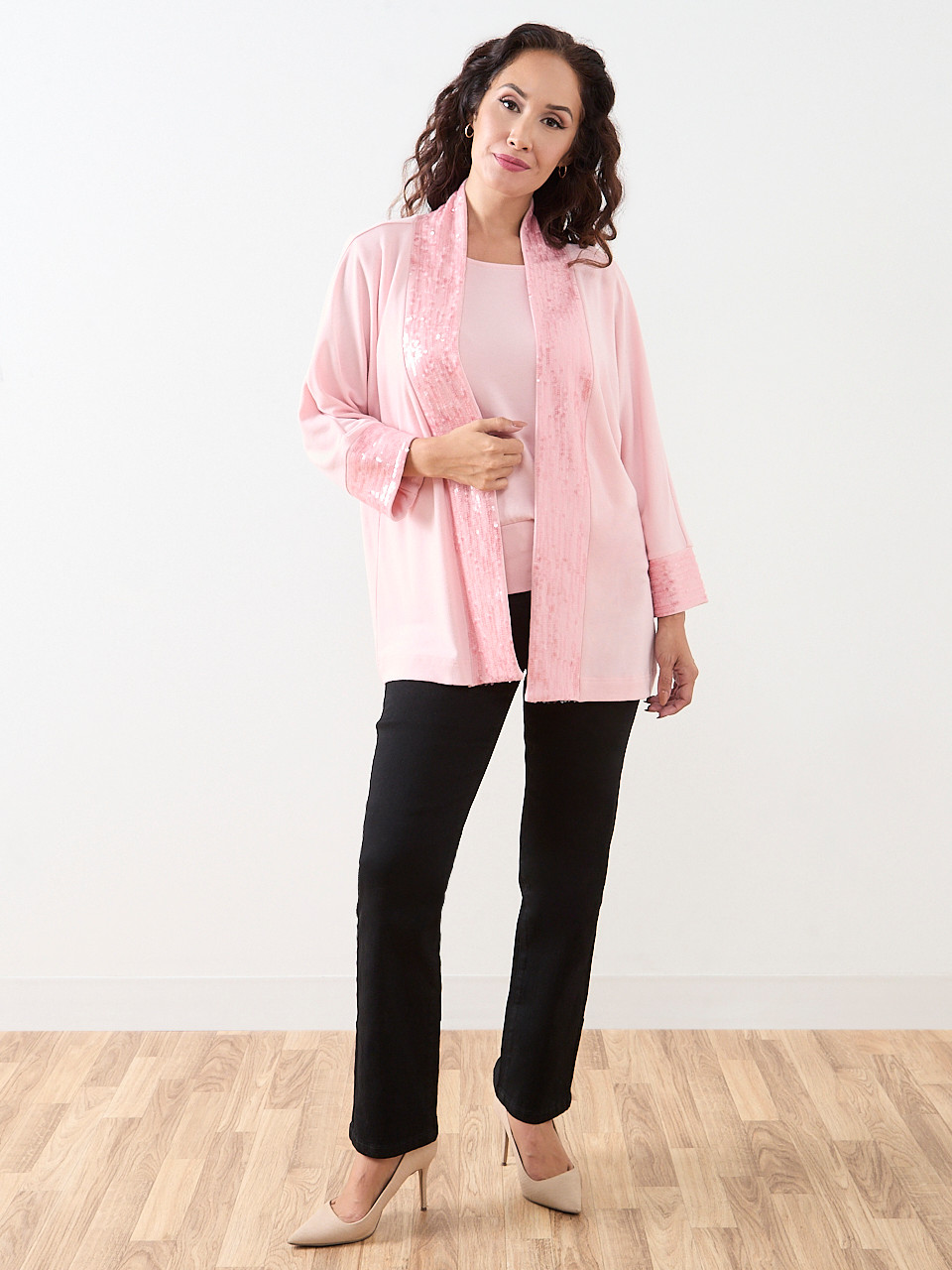 3/4 Sleeve Sequin Edge Trim Cardigan