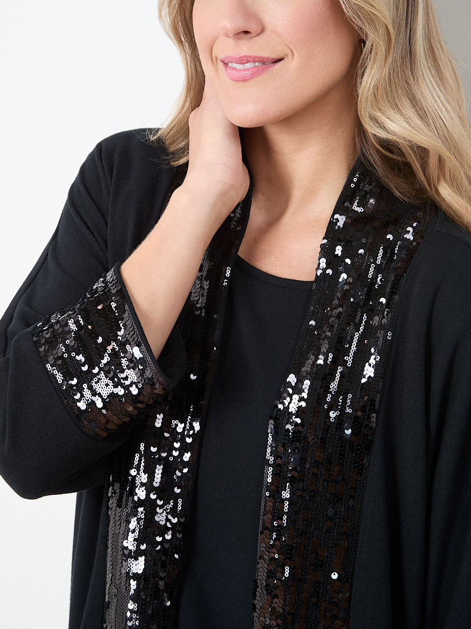 3/4 Sleeve Sequin Trim Cardigan