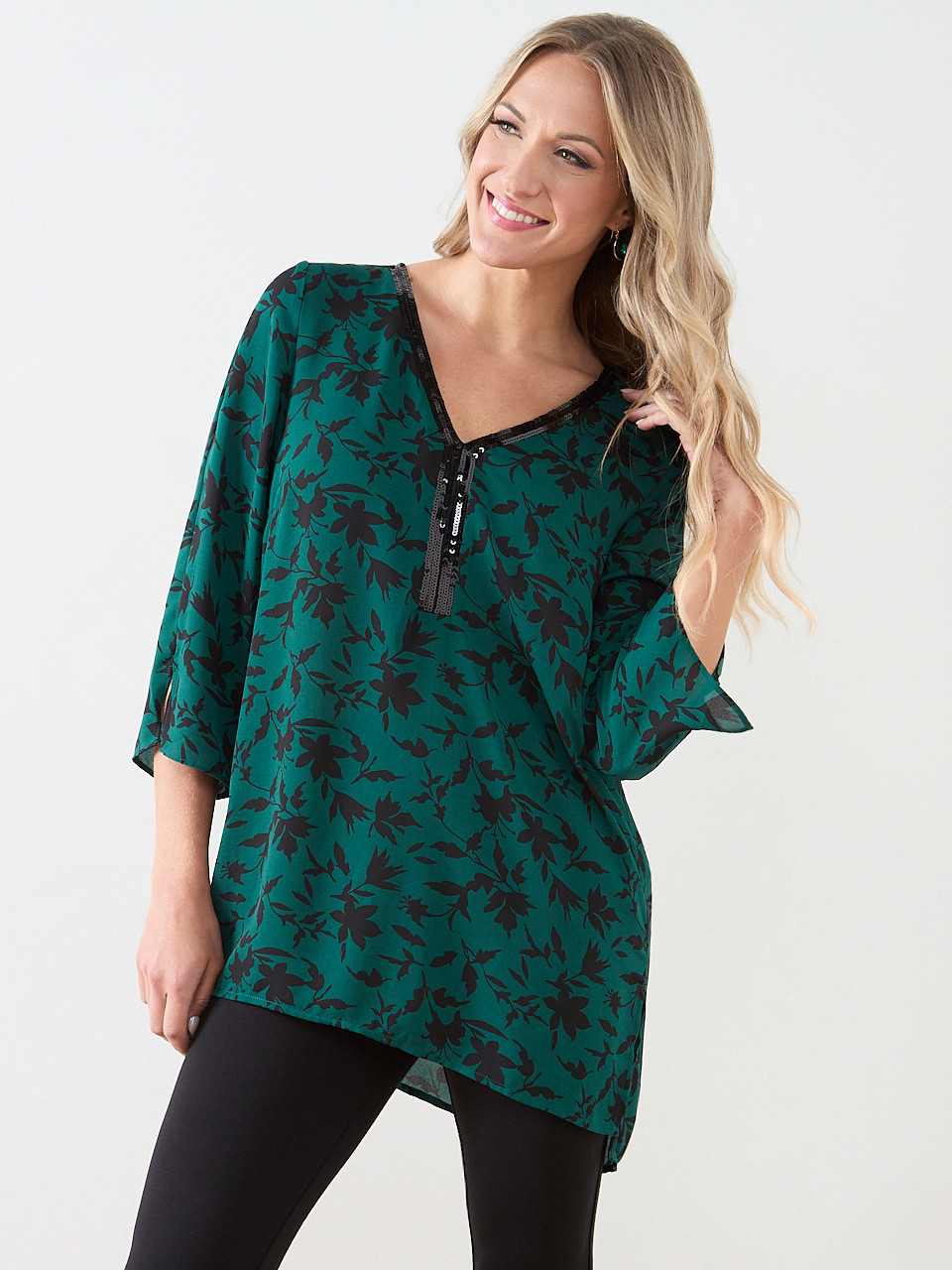 3/4 Sleeve Sequin Trim Tunic