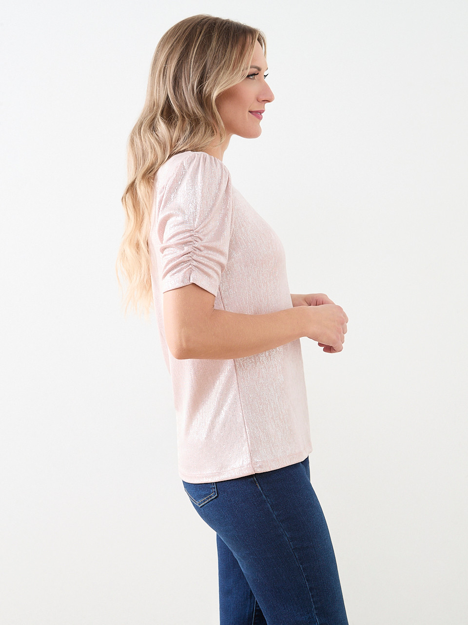 Foil-Print Top with Ruched Elbow Sleeves