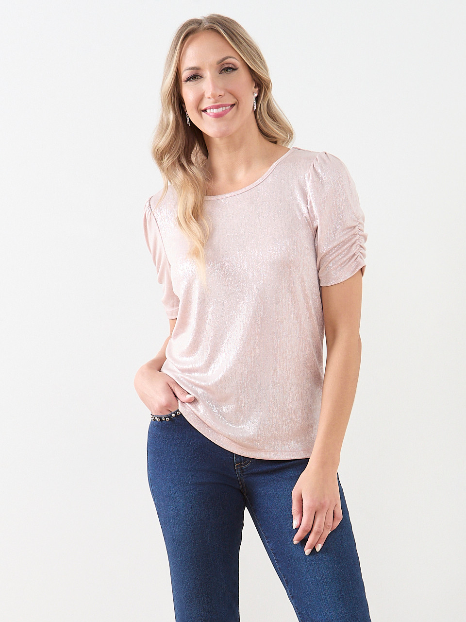 Foil-Print Top with Ruched Elbow Sleeves