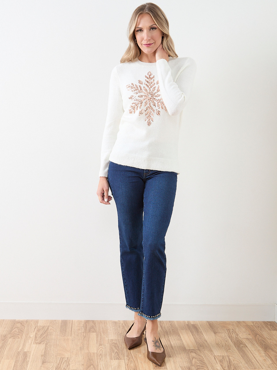 Ivory Snowflake Holiday Crew Neck Sweater