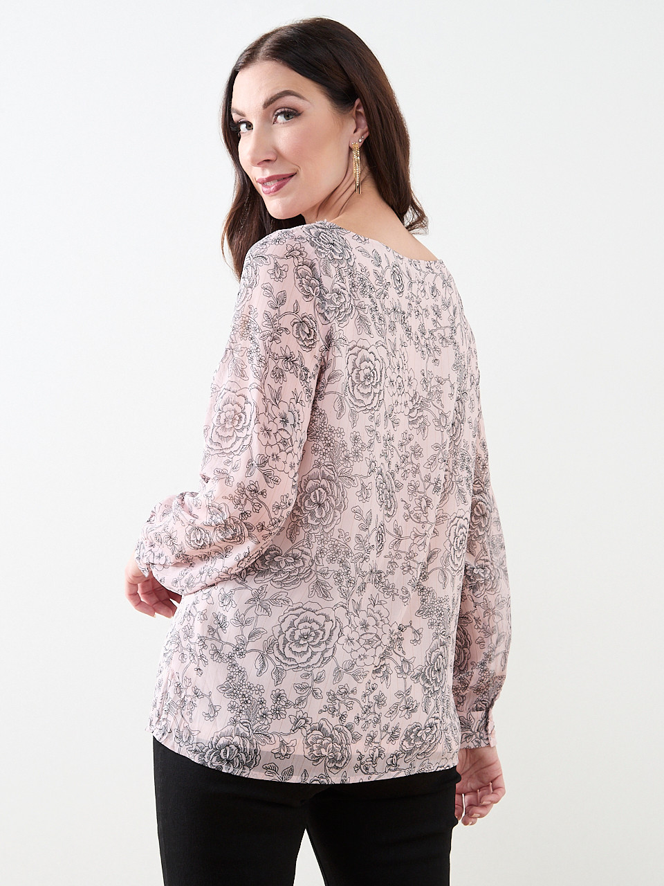 Long Sleeve Button-Cuff Chiffon Blouse