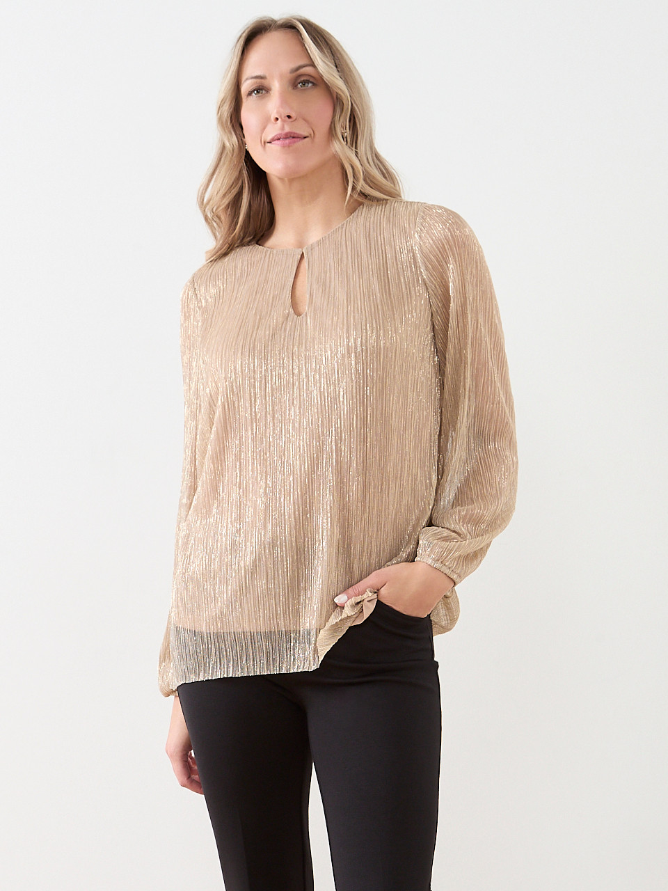 Long Sleeve Crinkle Top with Front Slit | Cleo