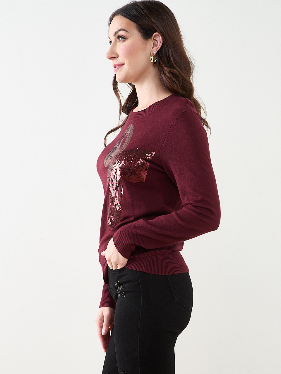 Long Sleeve Sequin Bow Sweater