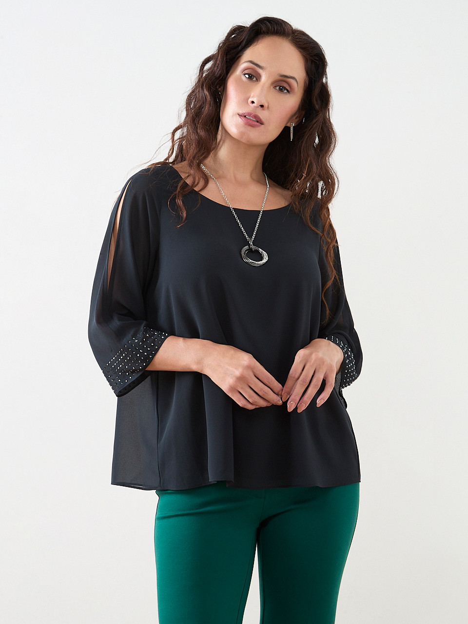 Petite 3/4 Sleeve Stud Detail Relaxed Fit Blouse