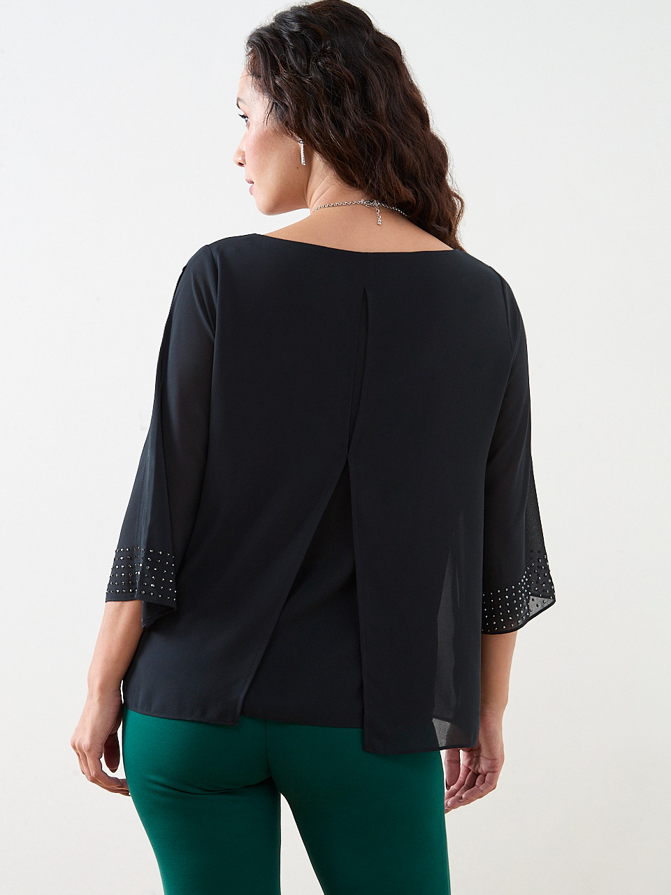 Petite 3/4 Sleeve Stud Detail Relaxed Fit Blouse