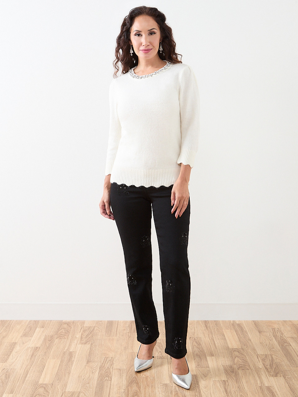 Petite 3/4 Sleeve Jeweled Pullover