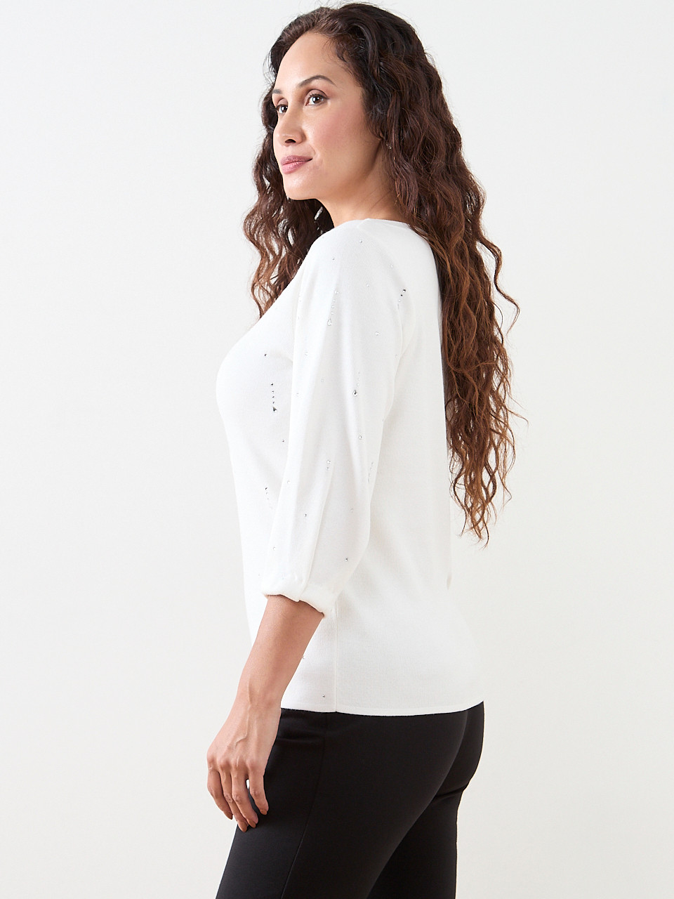 Petite 3/4 Sleeve Rhinestone Sweater